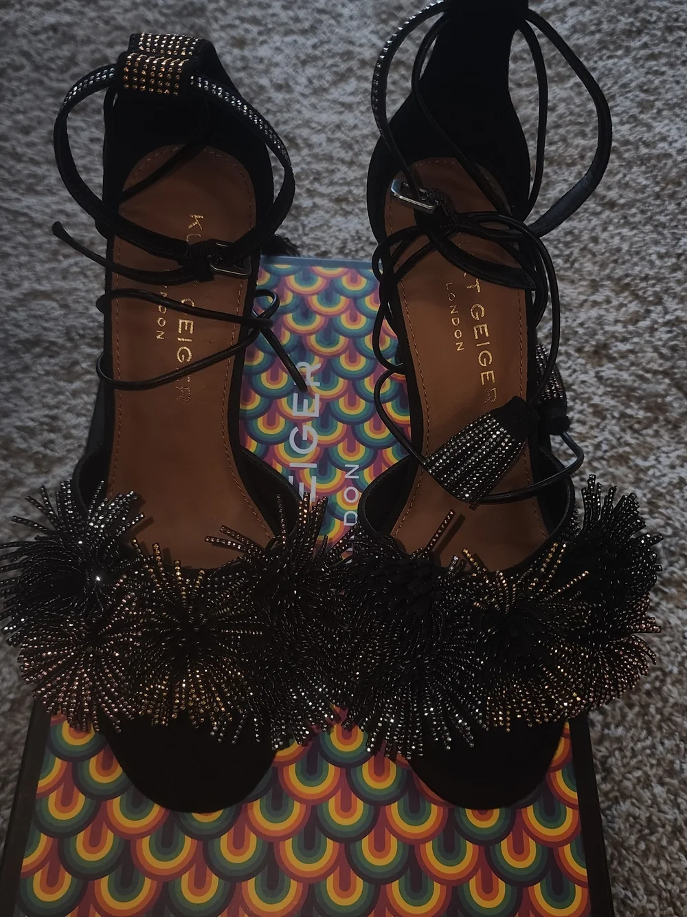 Kurt Geiger Black Pom-Pom Embellished Lace-Up Heels - Picture 3 of 11